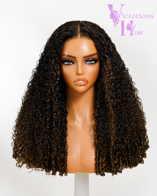 Chestnut Brown Ombre Burmese Curly Wig With Finger Coil Ends No-Slip 7x5 Lace Glueless Human Hair Wig